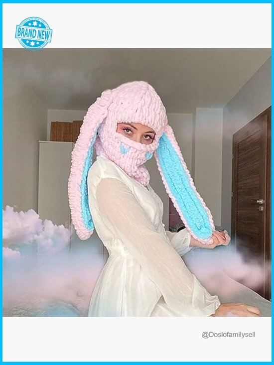 Y2K Knit Balaclava Bunny Ear Skull Beanie Slouchy Winter Warm Unisex Hat